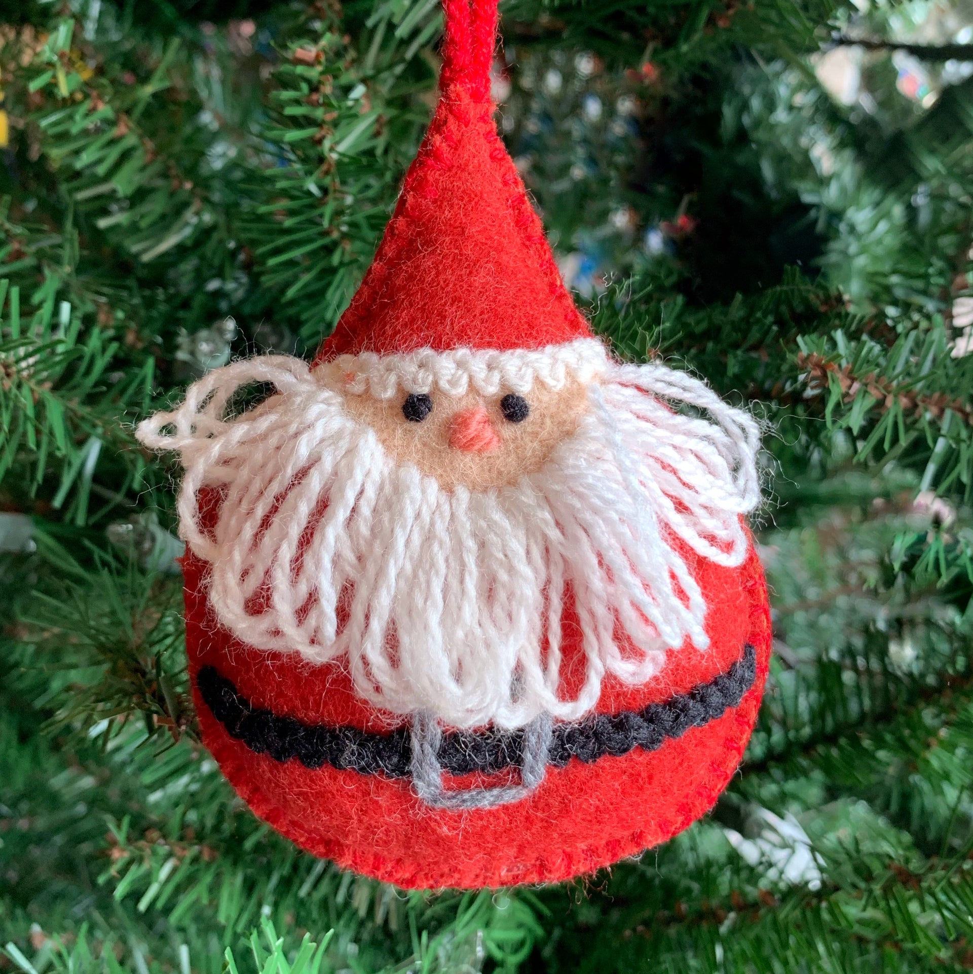 Round Santa Ornament, Embroidered Wool