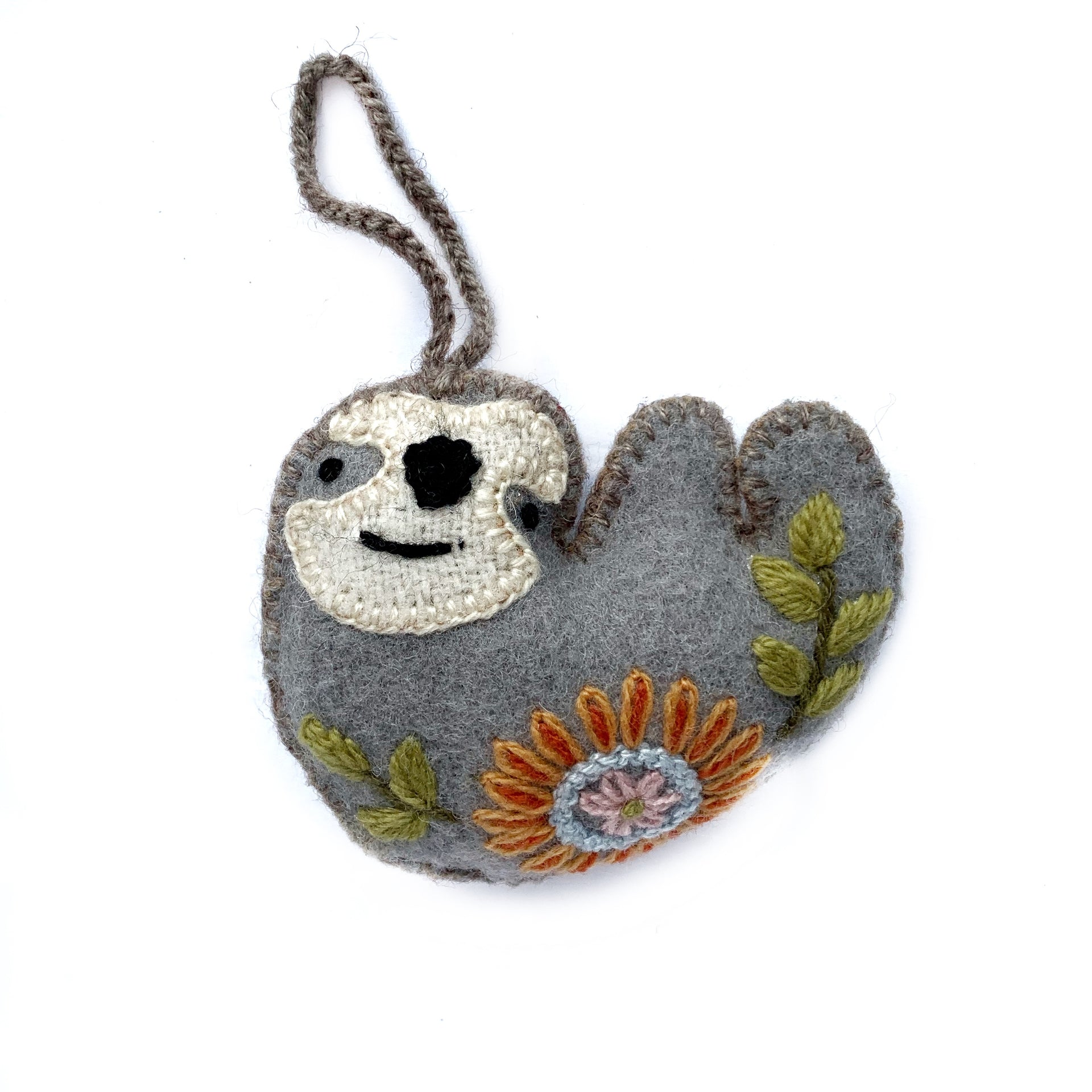 Sloth Ornament, Embroidered Wool