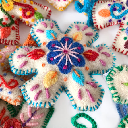 Snowflake Ornament, Multicolor Embroidered Wool