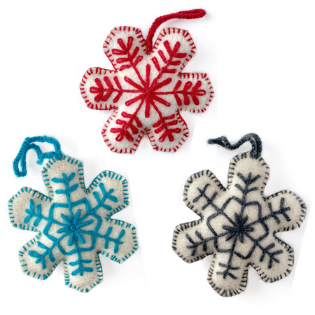 Snowflake Trio Embroidered Wool Ornament, Solid Colors