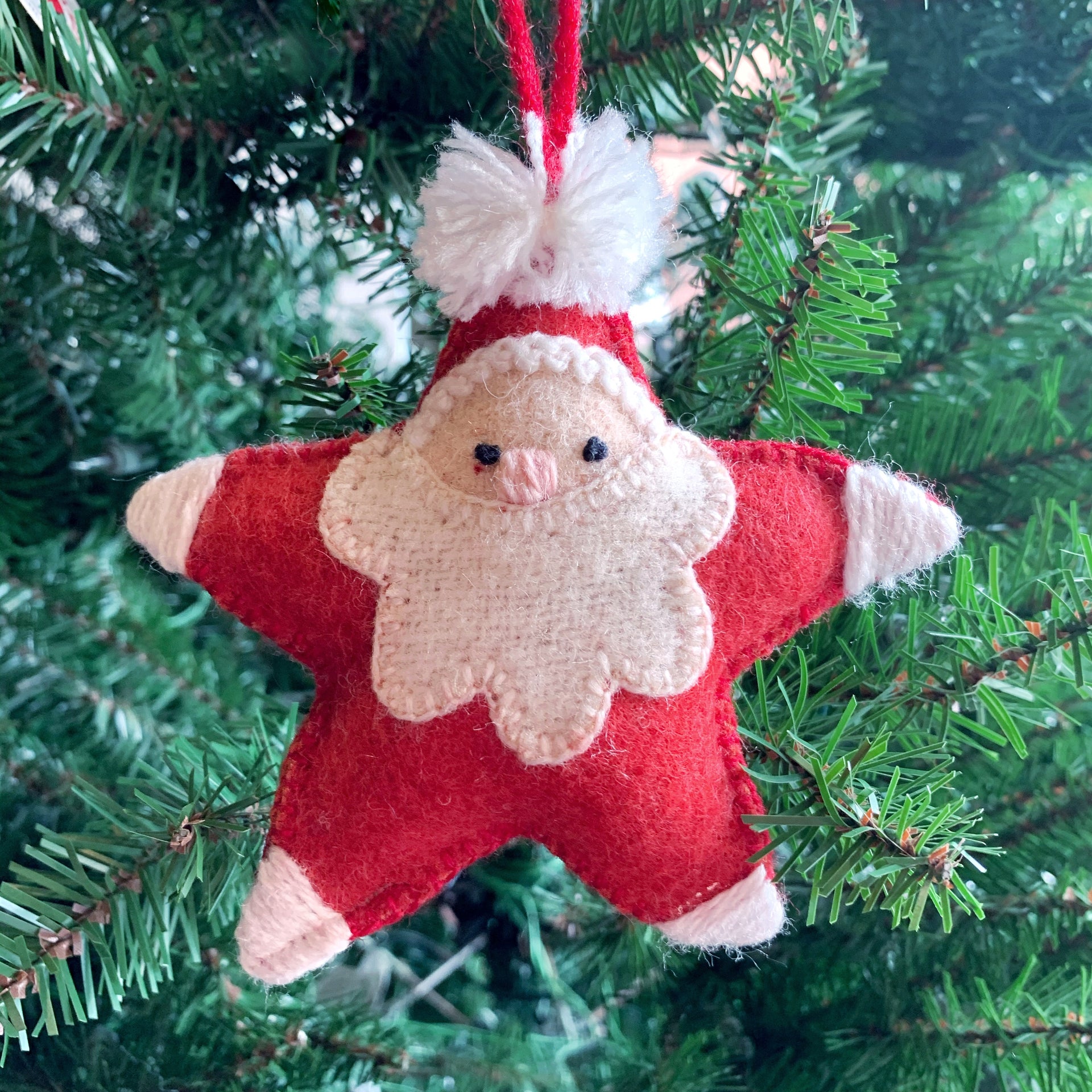Star Santa Ornament, Embroidered Wool