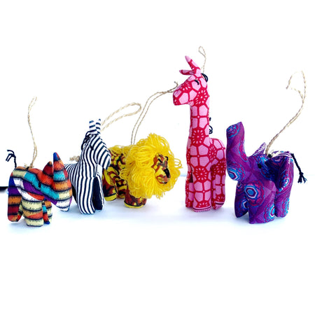 Set of handmade colorful African Stuffed Animal Christmas Ornaments with elephant, rhino, giraffe, zebra and lion.