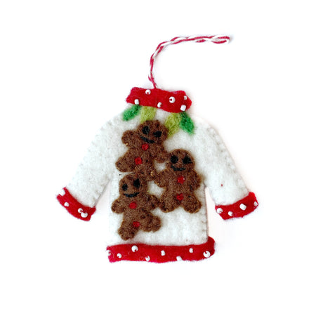 Ugly Christmas Sweater Gingerbread Ornament, Felt Wool