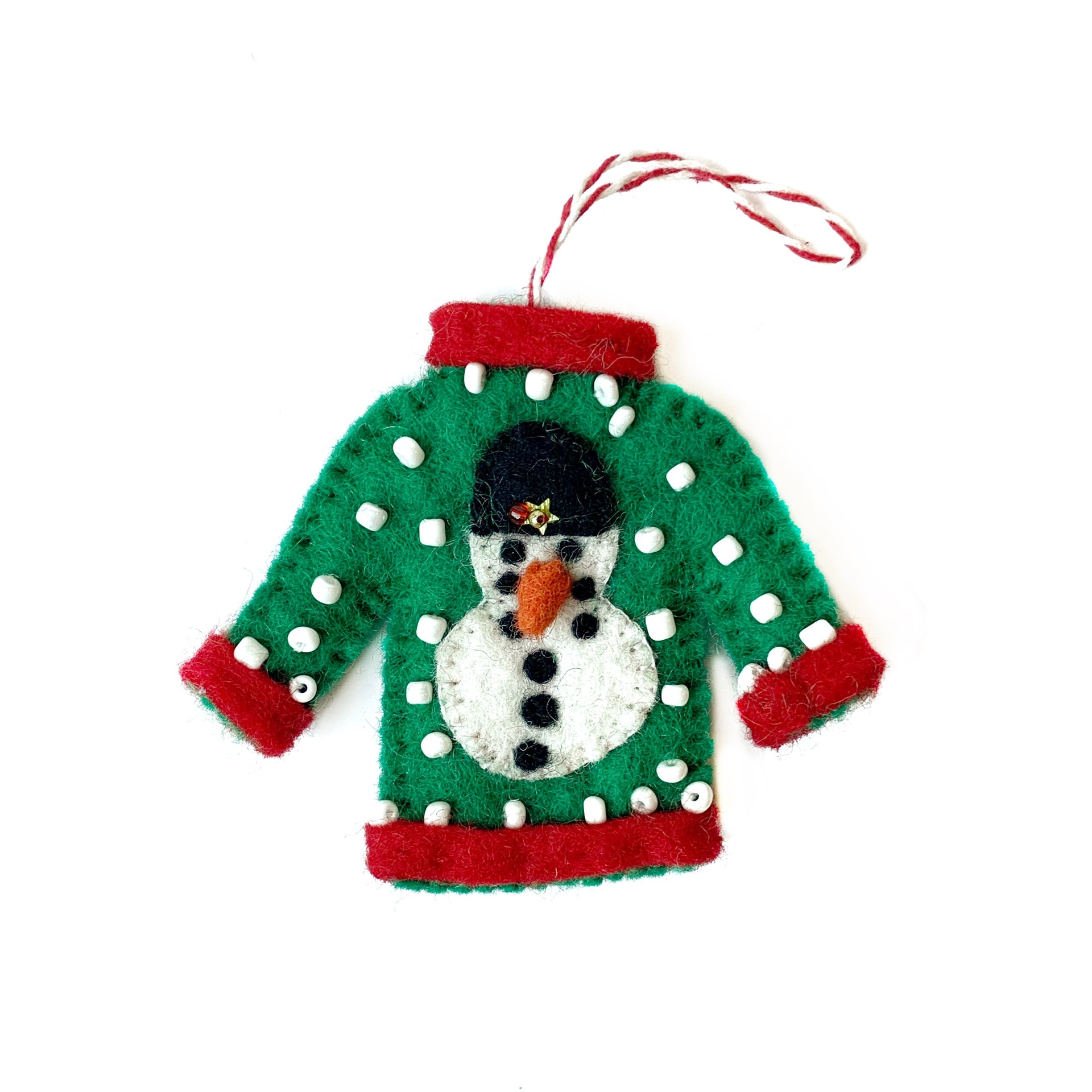Ugly Christmas Sweater Snowman Ornament, Felt Wool