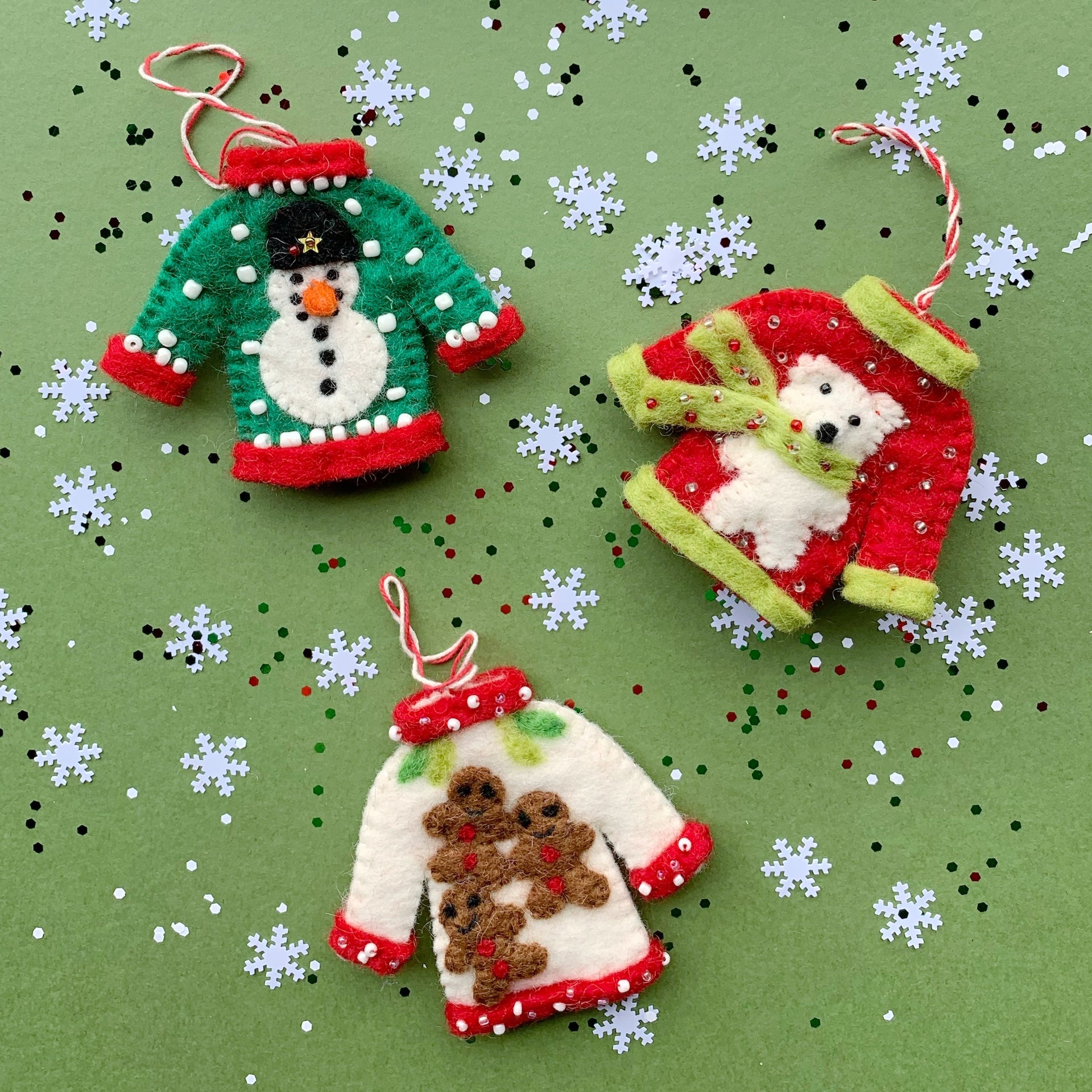 Cute set of Ugly Xmas Sweater Ornaments handmade in Nepal