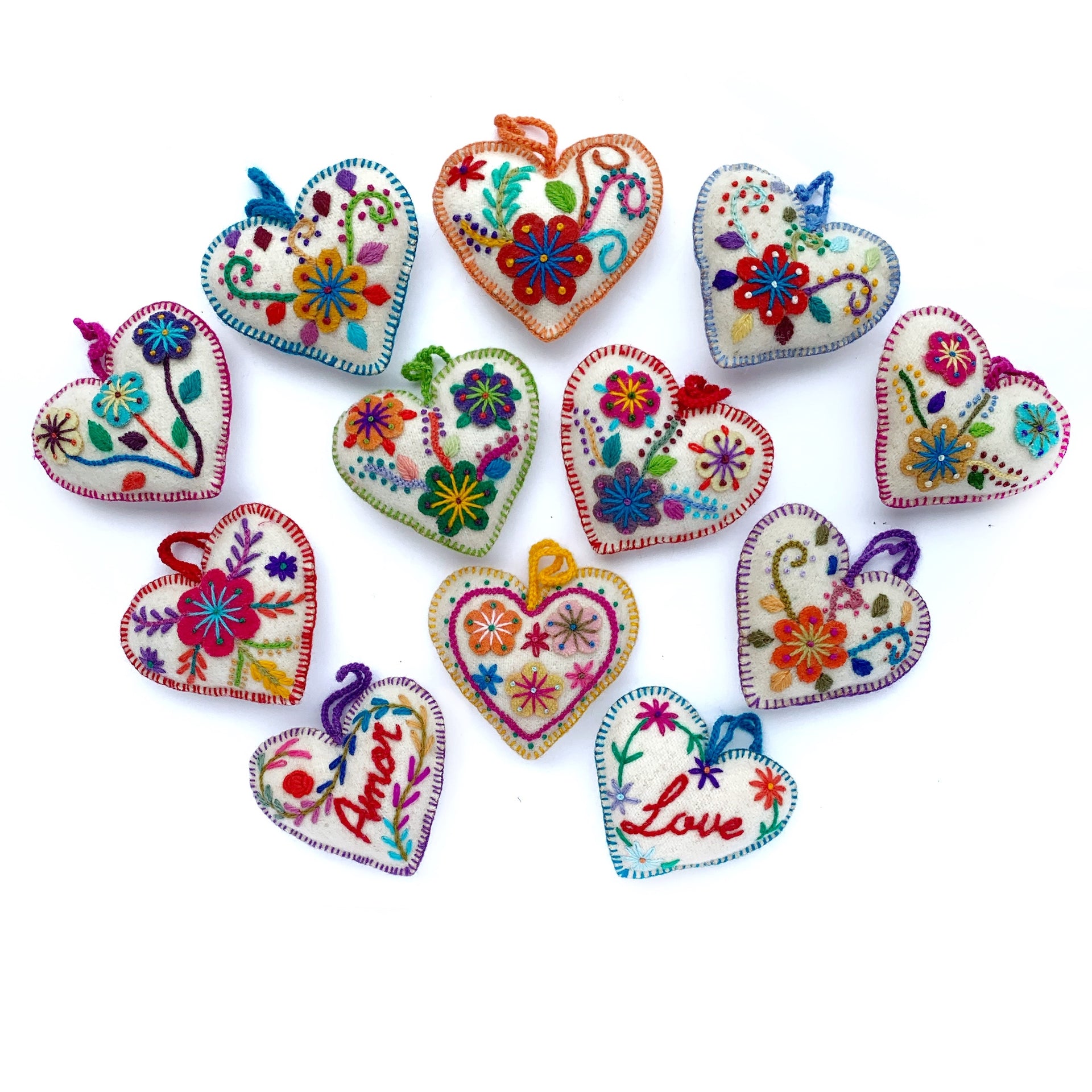 White Heart Embroidered Ornaments, Multicolor 12 Pack