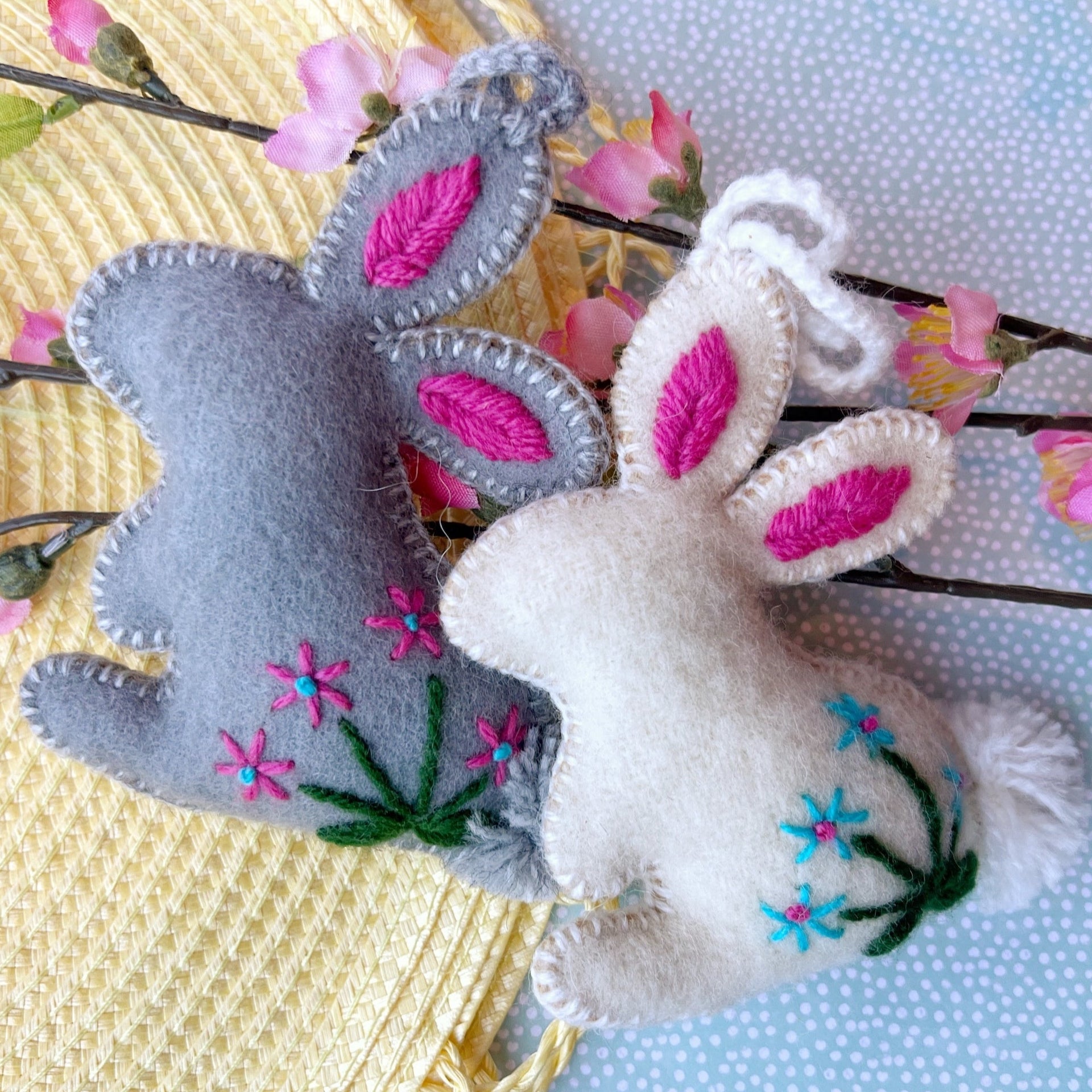 Easter Bunny Ornament Styled for Spring. Fair trade and handmade embroidery.
