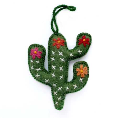 Green cactus ornament embroidered with colorful flowers from Peru.