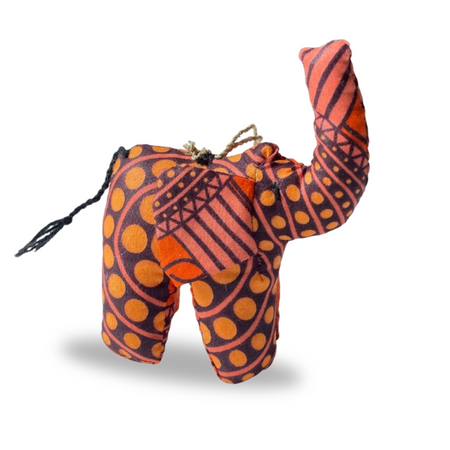 Stuffed African elephant Ornament Handmade with orange Kitenge fabric.