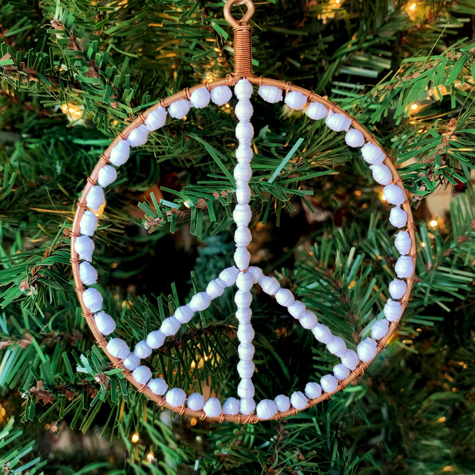 White Peace Sign Paper Bead Ornament